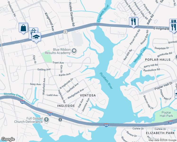 map of restaurants, bars, coffee shops, grocery stores, and more near 3811 Trant Avenue in Norfolk