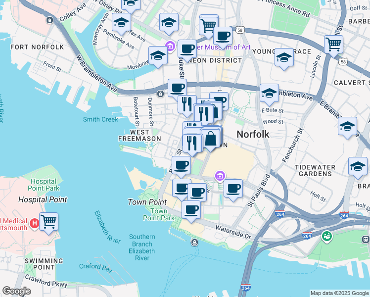 map of restaurants, bars, coffee shops, grocery stores, and more near 123 College Place in Norfolk