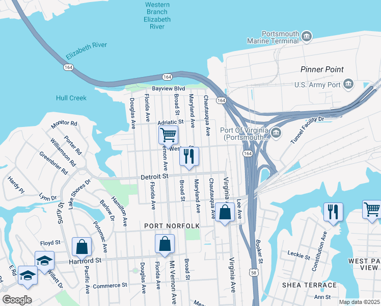 map of restaurants, bars, coffee shops, grocery stores, and more near 308 Maryland Avenue in Portsmouth