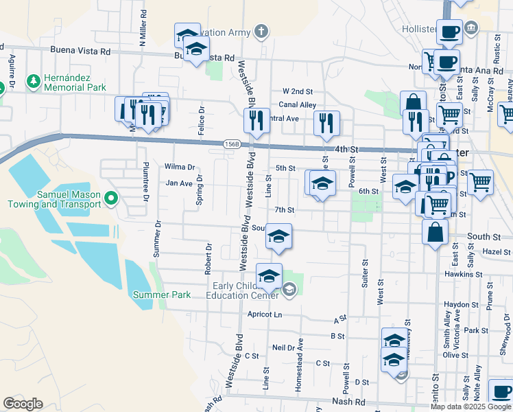 map of restaurants, bars, coffee shops, grocery stores, and more near 634 Line Street in Hollister