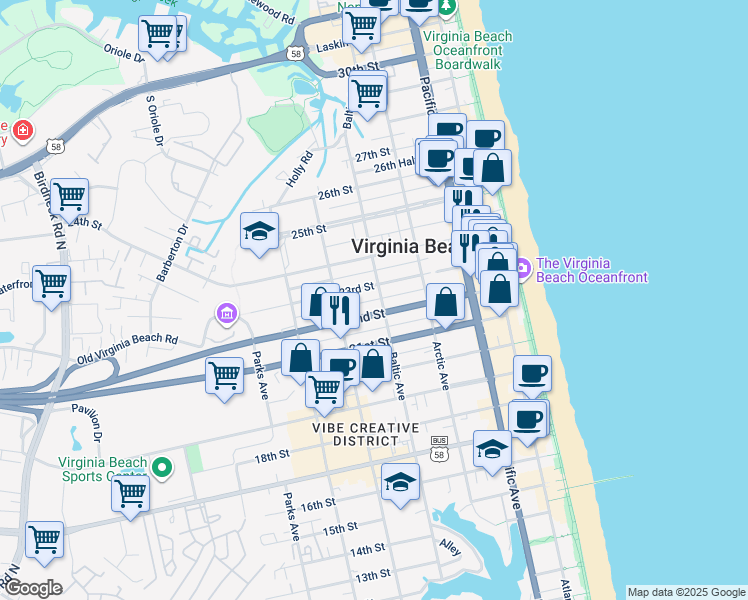 map of restaurants, bars, coffee shops, grocery stores, and more near 501 23rd Street in Virginia Beach