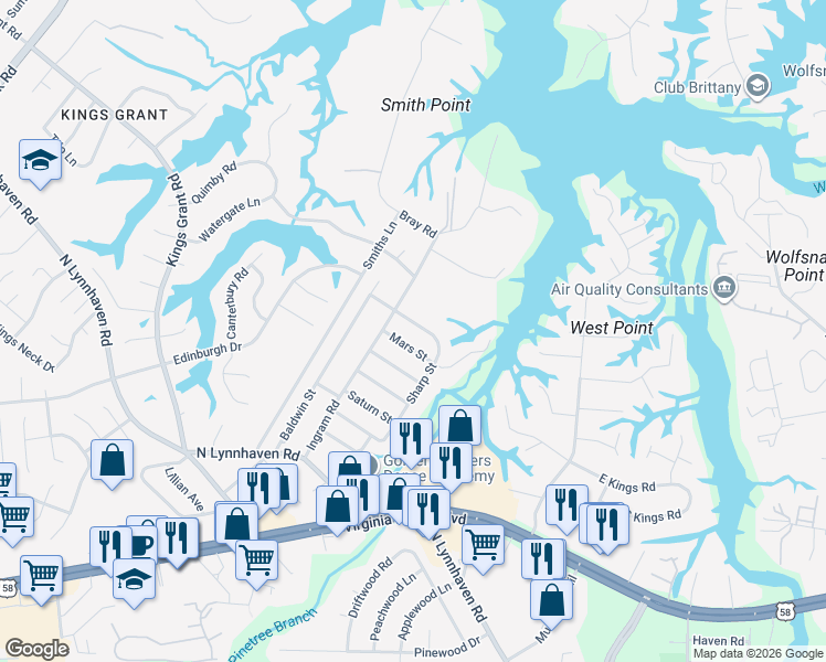map of restaurants, bars, coffee shops, grocery stores, and more near 536 Sharp Street in Virginia Beach