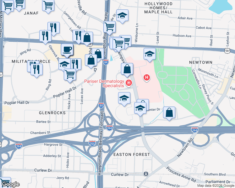 map of restaurants, bars, coffee shops, grocery stores, and more near 6162-6168 Kempsville Circle in Norfolk
