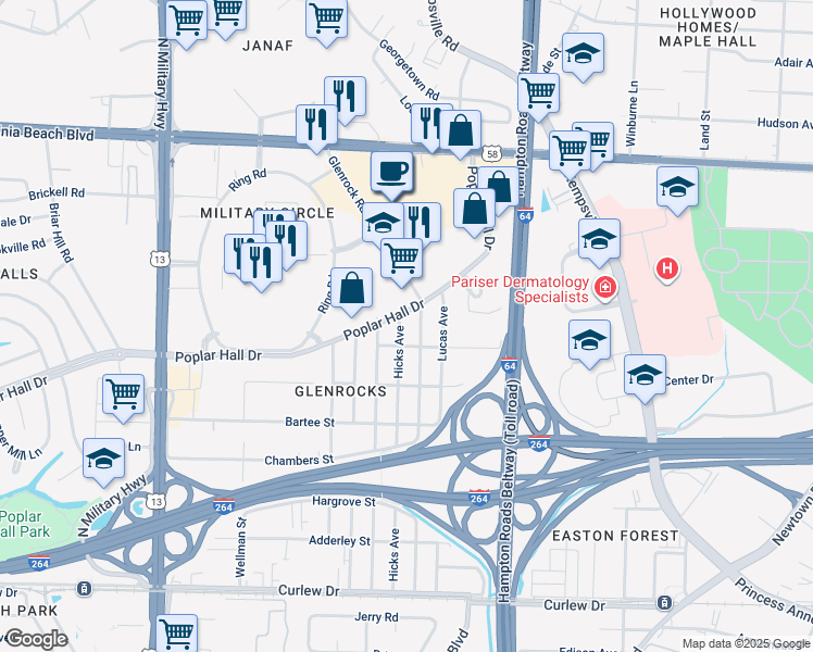 map of restaurants, bars, coffee shops, grocery stores, and more near 532 Glenrock Road in Norfolk