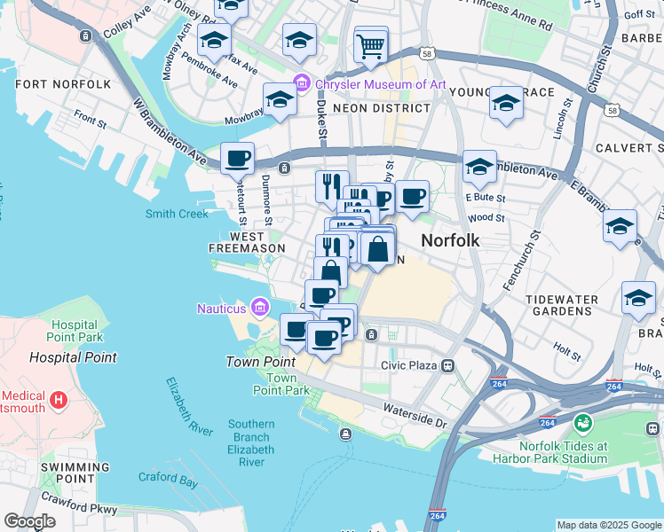 map of restaurants, bars, coffee shops, grocery stores, and more near 122 College Place in Norfolk