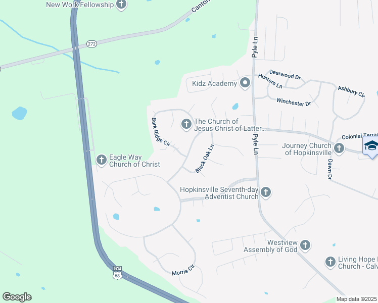 map of restaurants, bars, coffee shops, grocery stores, and more near Pin Oak Drive in Hopkinsville