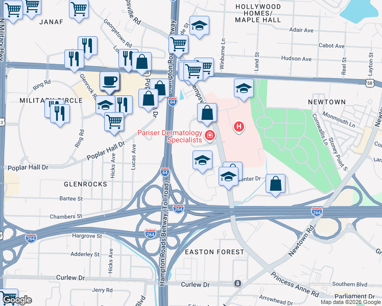 map of restaurants, bars, coffee shops, grocery stores, and more near 6162-6168 Kempsville Circle in Norfolk