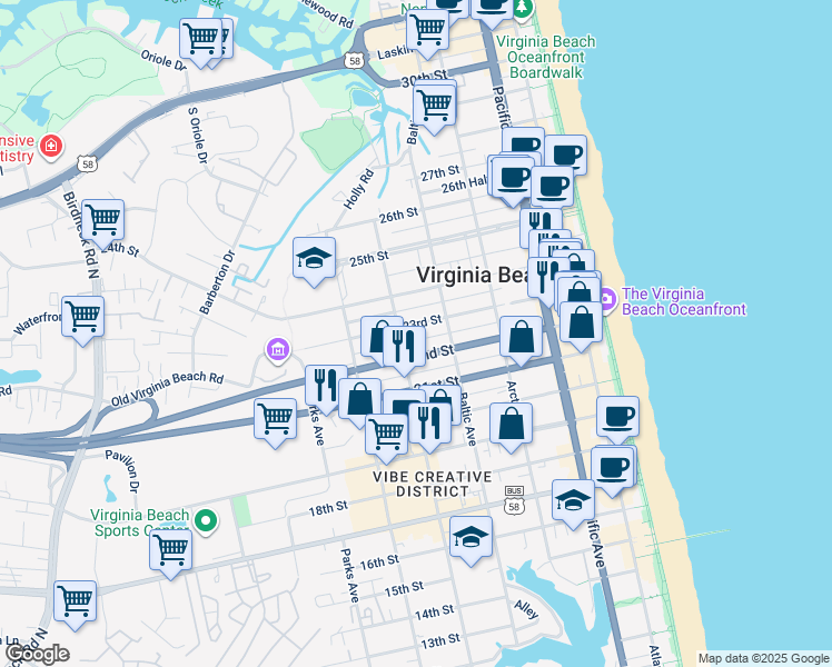 map of restaurants, bars, coffee shops, grocery stores, and more near 512 23rd Street in Virginia Beach