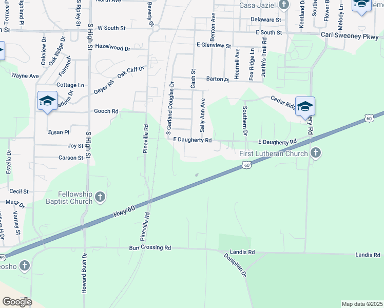 map of restaurants, bars, coffee shops, grocery stores, and more near 331 East Daugherty Road in Neosho