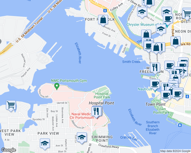 map of restaurants, bars, coffee shops, grocery stores, and more near in Portsmouth
