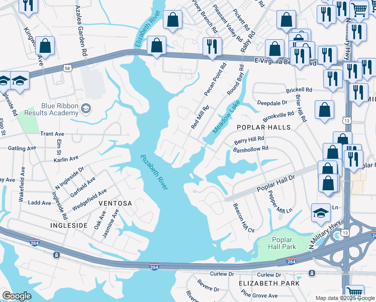 map of restaurants, bars, coffee shops, grocery stores, and more near 622 Westcove Court in Norfolk