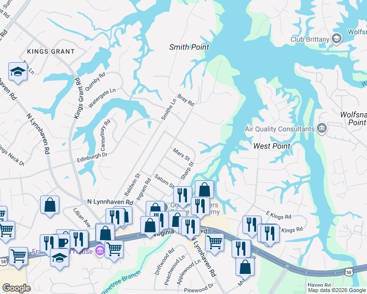 map of restaurants, bars, coffee shops, grocery stores, and more near 536 Sharp Street in Virginia Beach