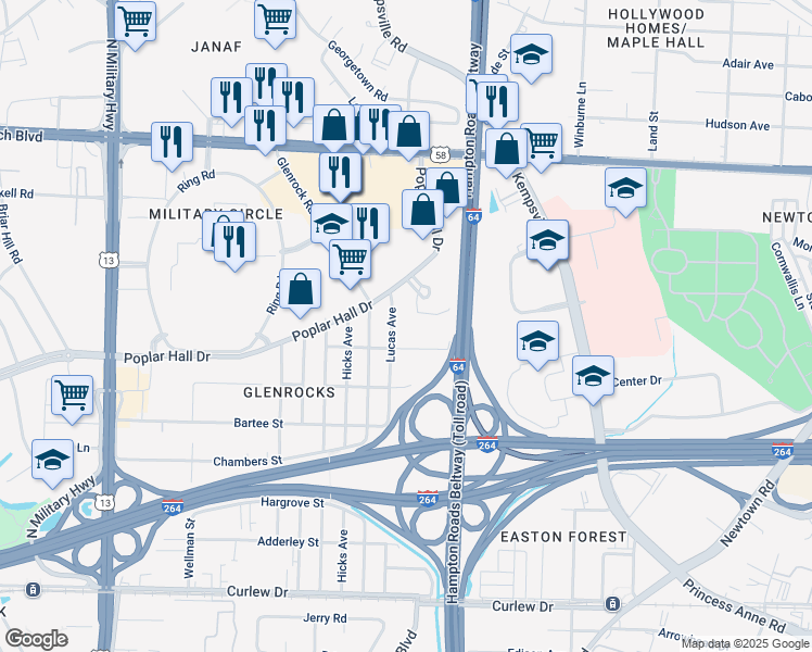 map of restaurants, bars, coffee shops, grocery stores, and more near 516 Lucas Avenue in Norfolk