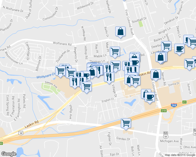 map of restaurants, bars, coffee shops, grocery stores, and more near 1860 Laskin Road in Virginia Beach