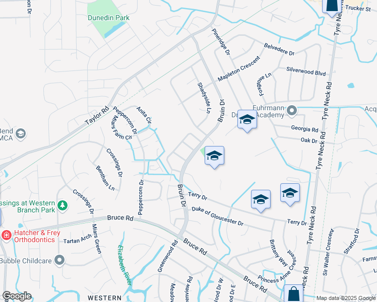 map of restaurants, bars, coffee shops, grocery stores, and more near 4307 Manchester Lane in Chesapeake