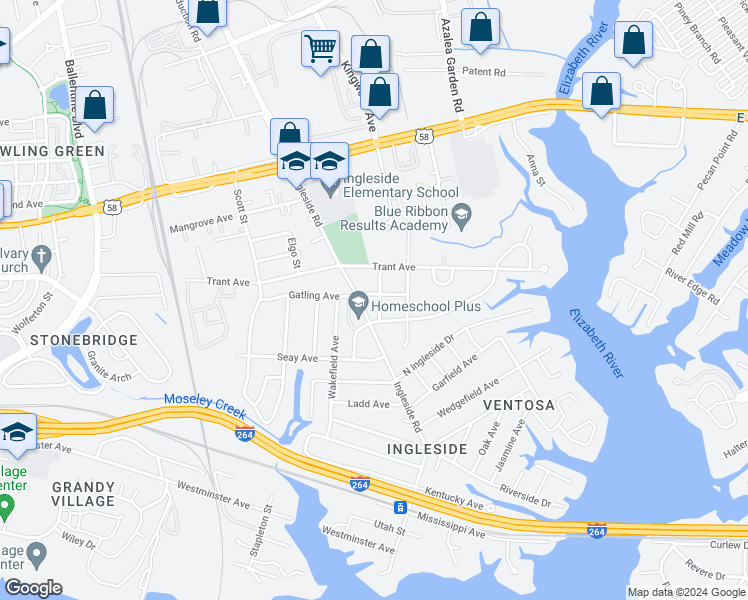 map of restaurants, bars, coffee shops, grocery stores, and more near 3613 Gatling Avenue in Norfolk