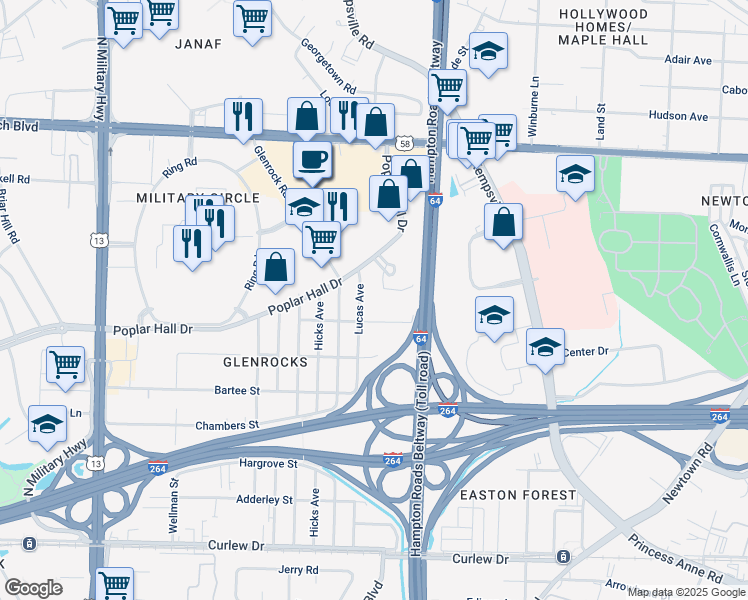 map of restaurants, bars, coffee shops, grocery stores, and more near 516 Lucas Avenue in Norfolk