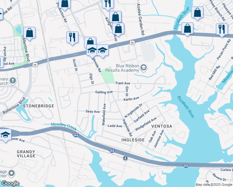 map of restaurants, bars, coffee shops, grocery stores, and more near 3613 Gatling Avenue in Norfolk