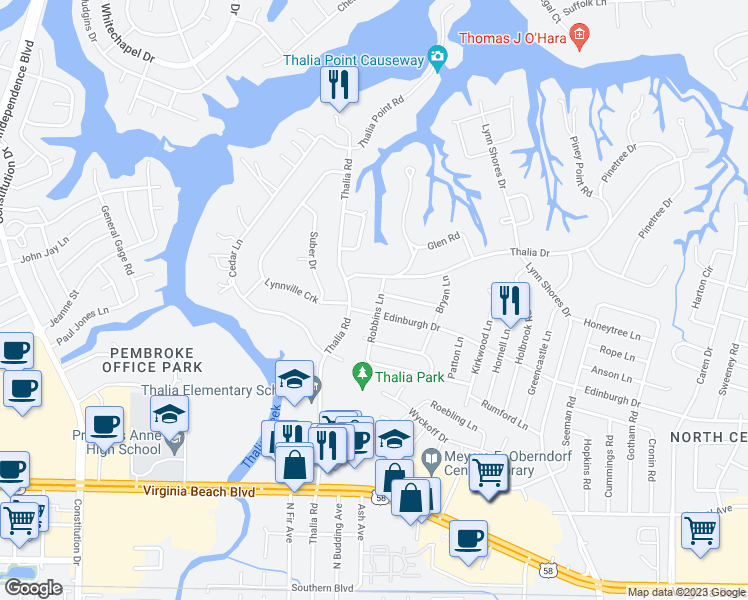map of restaurants, bars, coffee shops, grocery stores, and more near 505 Robbins Lane in Virginia Beach