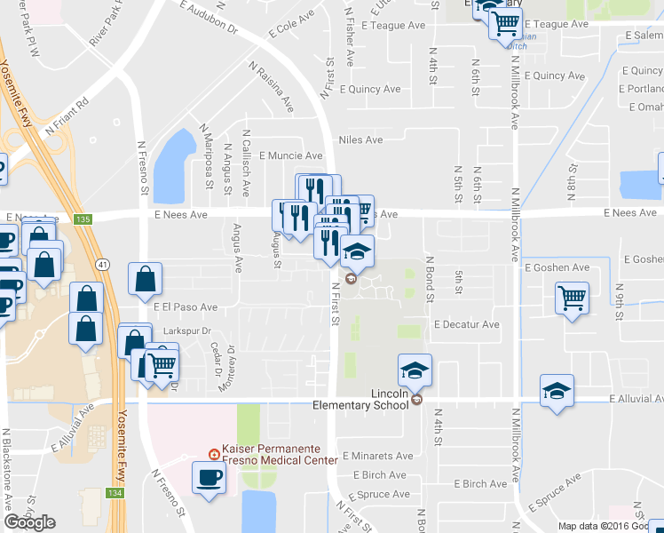 map of restaurants, bars, coffee shops, grocery stores, and more near 7775 N 1st St in Fresno