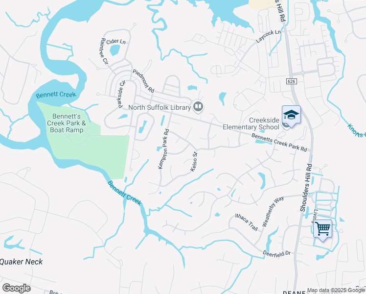 map of restaurants, bars, coffee shops, grocery stores, and more near 3513 Lingfield Cove in Suffolk