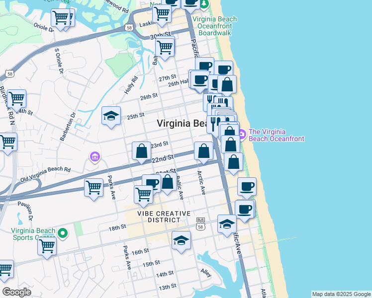 map of restaurants, bars, coffee shops, grocery stores, and more near 412 22 1/2 Street in Virginia Beach
