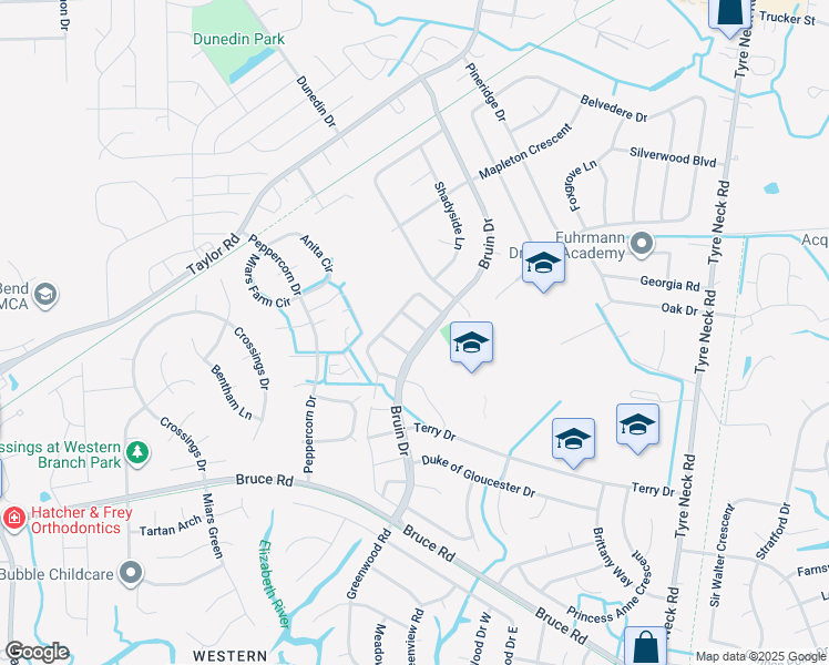 map of restaurants, bars, coffee shops, grocery stores, and more near 4307 Manchester Lane in Chesapeake