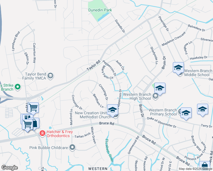 map of restaurants, bars, coffee shops, grocery stores, and more near 3412 Miars Farm Circle in Chesapeake