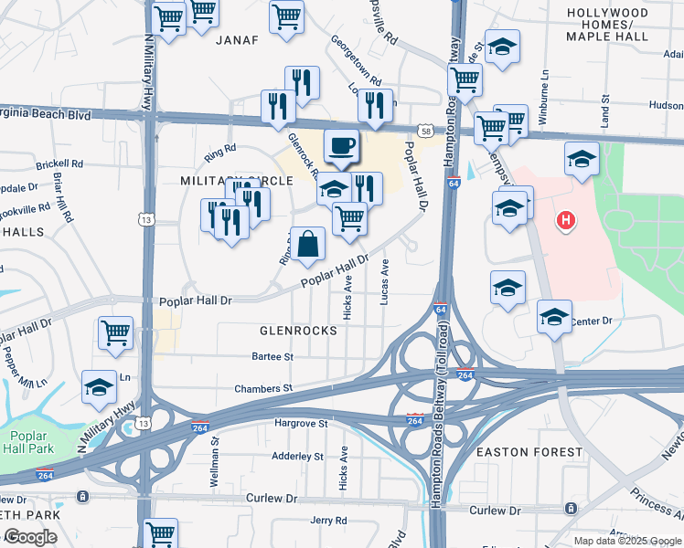 map of restaurants, bars, coffee shops, grocery stores, and more near 517 Hicks Avenue in Norfolk