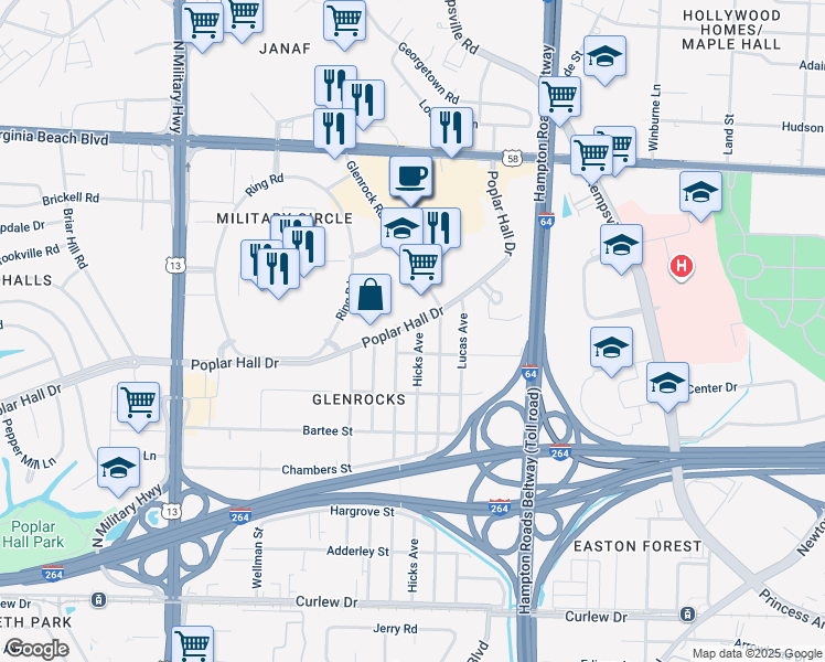 map of restaurants, bars, coffee shops, grocery stores, and more near 517 Hicks Avenue in Norfolk