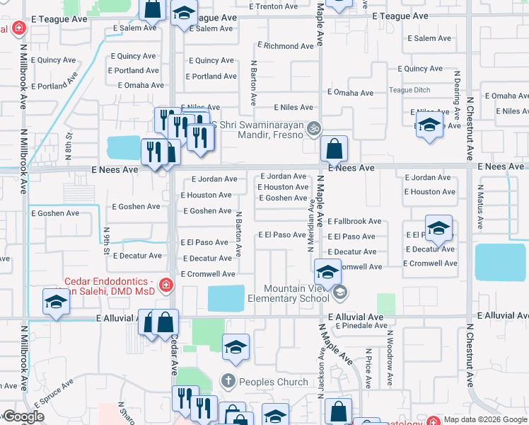 map of restaurants, bars, coffee shops, grocery stores, and more near 1779 East Goshen Avenue in Fresno
