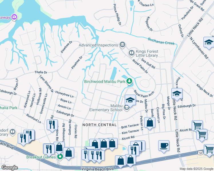 map of restaurants, bars, coffee shops, grocery stores, and more near 3757 Harton Road in Virginia Beach
