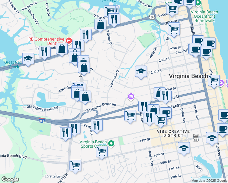 map of restaurants, bars, coffee shops, grocery stores, and more near 838 23rd Street in Virginia Beach