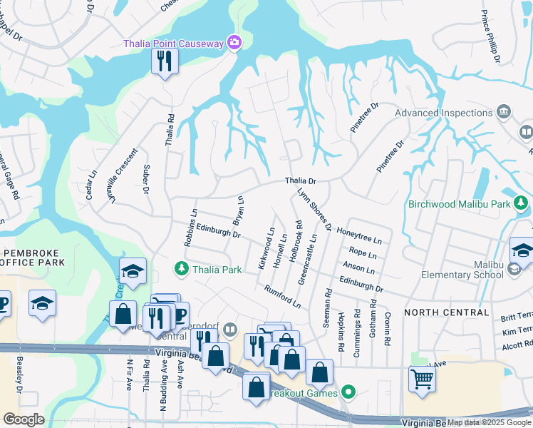 map of restaurants, bars, coffee shops, grocery stores, and more near 4025 Thalia Drive in Virginia Beach