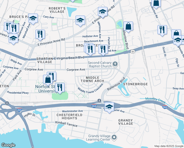 map of restaurants, bars, coffee shops, grocery stores, and more near 2808 Gate House Road in Norfolk