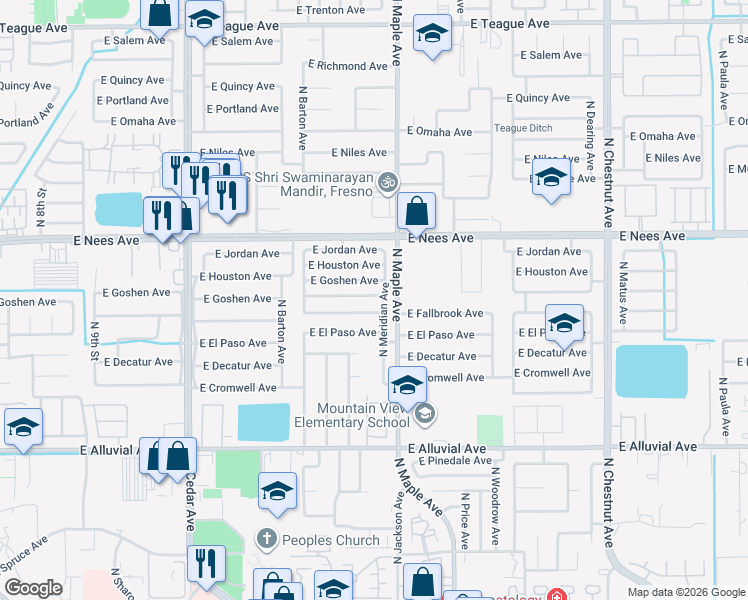 map of restaurants, bars, coffee shops, grocery stores, and more near 1881 East Frederick Avenue in Fresno