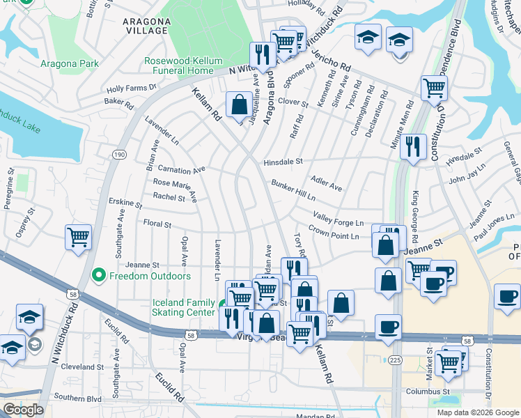 map of restaurants, bars, coffee shops, grocery stores, and more near 516 Kellam Road in Virginia Beach