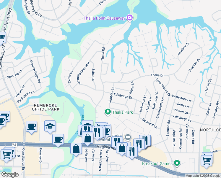 map of restaurants, bars, coffee shops, grocery stores, and more near 505 Robbins Lane in Virginia Beach