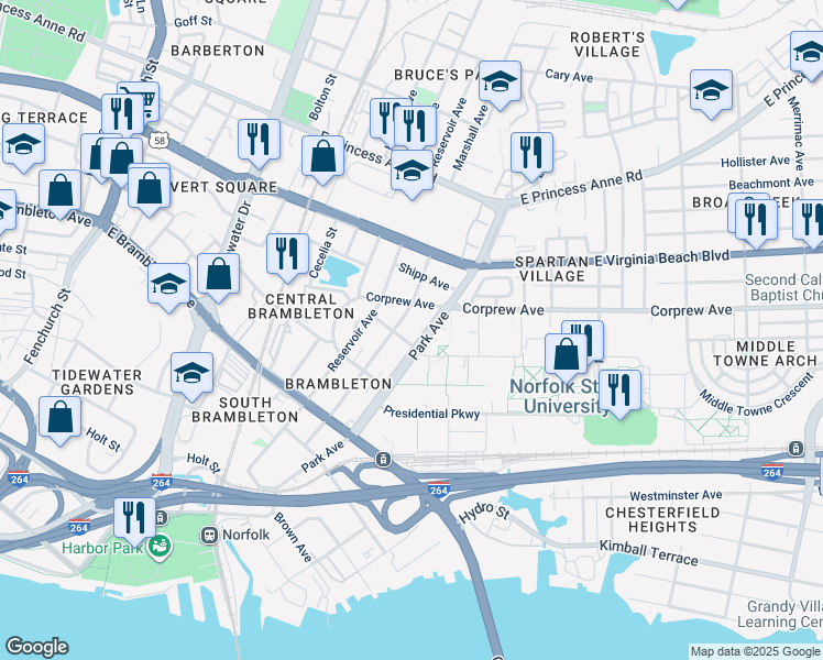 map of restaurants, bars, coffee shops, grocery stores, and more near Park Avenue in Norfolk