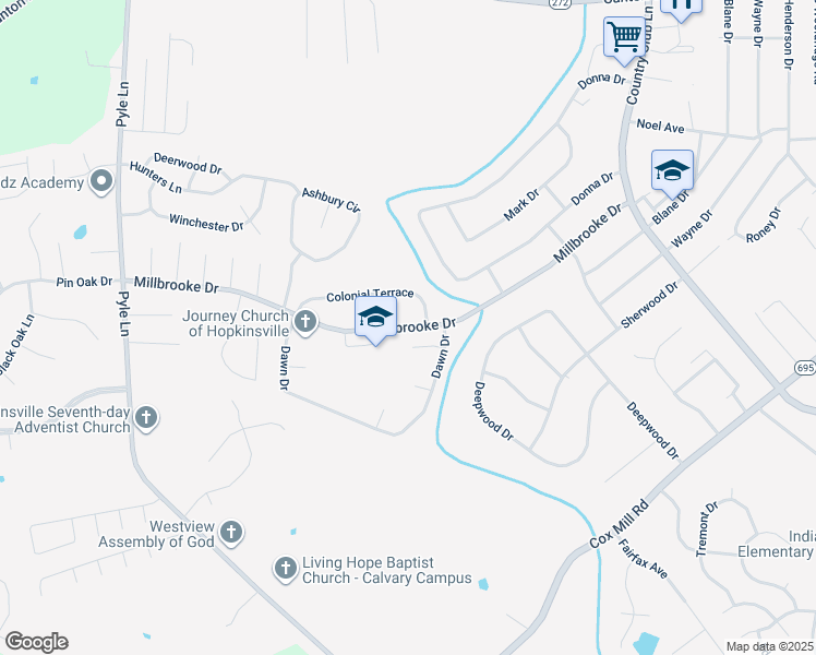 map of restaurants, bars, coffee shops, grocery stores, and more near 415 Millbrooke Drive in Hopkinsville
