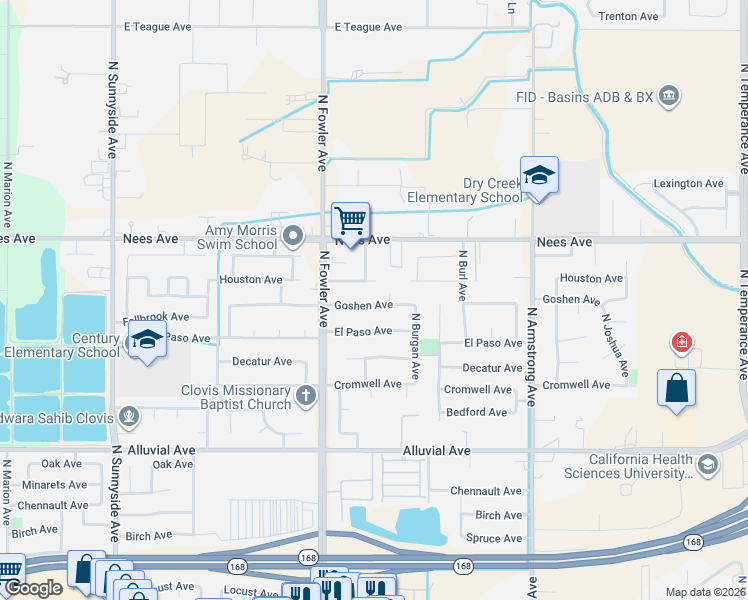 map of restaurants, bars, coffee shops, grocery stores, and more near 1896 Houston Avenue in Clovis