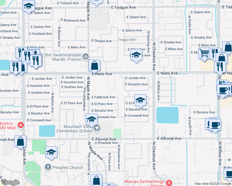 map of restaurants, bars, coffee shops, grocery stores, and more near 7847 North Baird Avenue in Fresno