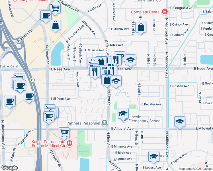 map of restaurants, bars, coffee shops, grocery stores, and more near 7709 North First Street in Fresno