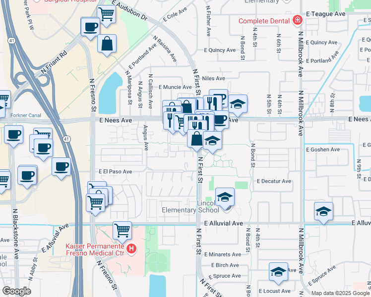 map of restaurants, bars, coffee shops, grocery stores, and more near 7737 North First Street in Fresno