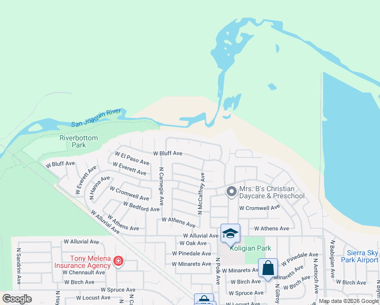 map of restaurants, bars, coffee shops, grocery stores, and more near 5589 West River Bottom Avenue in Fresno