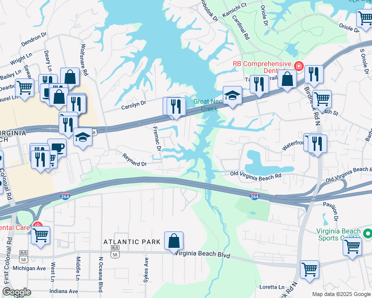 map of restaurants, bars, coffee shops, grocery stores, and more near 605 Gay Drive in Virginia Beach