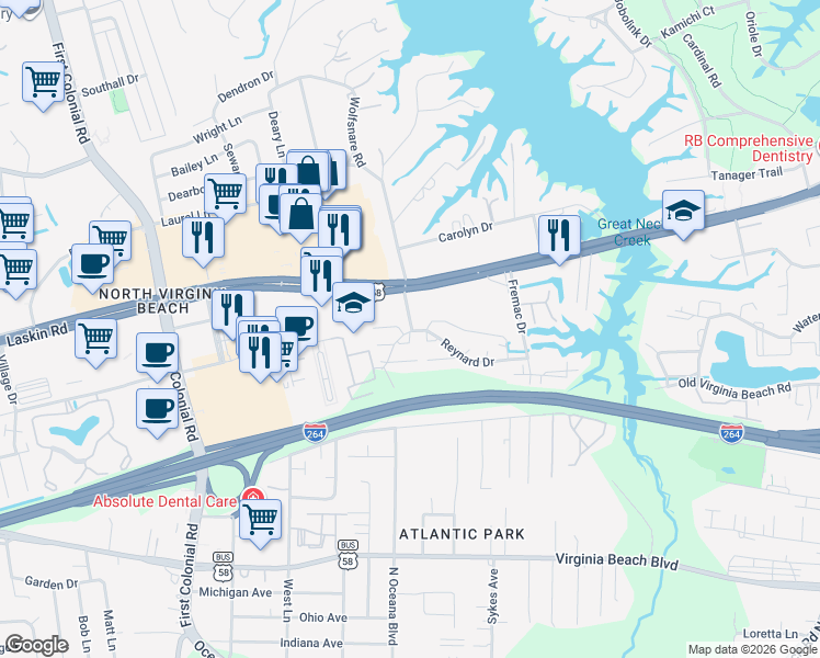 map of restaurants, bars, coffee shops, grocery stores, and more near in Virginia Beach