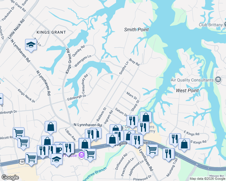 map of restaurants, bars, coffee shops, grocery stores, and more near 3009 Hampden Lane in Virginia Beach