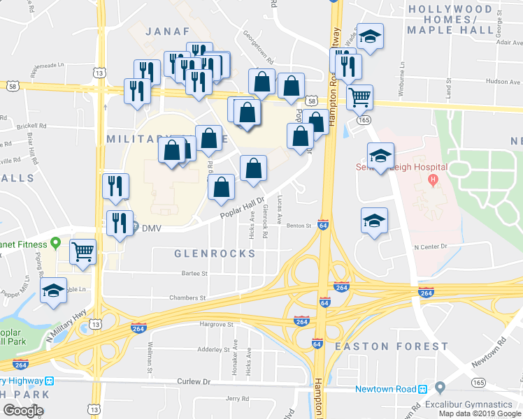 map of restaurants, bars, coffee shops, grocery stores, and more near 532 Glenrock Road in Norfolk