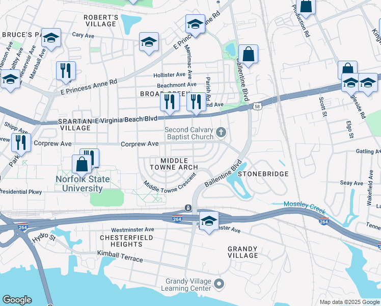 map of restaurants, bars, coffee shops, grocery stores, and more near 2905 Corprew Avenue in Norfolk